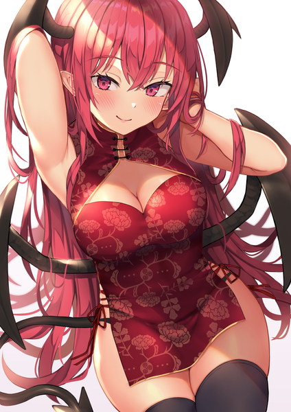 Anime picture 1447x2047 with touhou koakuma wowoguni single long hair tall image looking at viewer blush fringe breasts light erotic simple background smile hair between eyes white background sitting pink hair cleavage tail traditional clothes