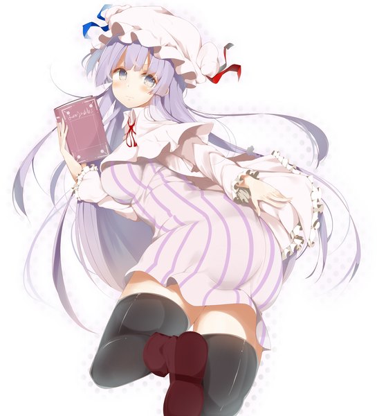 Anime picture 3500x3850 with touhou patchouli knowledge dzuu single long hair tall image blush highres simple background white background purple eyes absurdres purple hair girl thighhighs dress black thighhighs book (books)