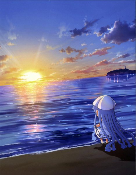 Anime picture 3210x4110 with shinryaku! ika musume ika musume mini-ikamusume ishikawa masakazu single long hair tall image highres blue hair absurdres sky cloud (clouds) barefoot beach evening reflection sunset chibi scenic tentacle hair