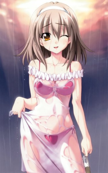 Anime picture 2577x4126 with memories off memories off 6 tohmine ririsu koshimizu takayuki single tall image highres breasts open mouth light erotic smile brown hair yellow eyes cleavage one eye closed wink wet rain wet clothes transparent