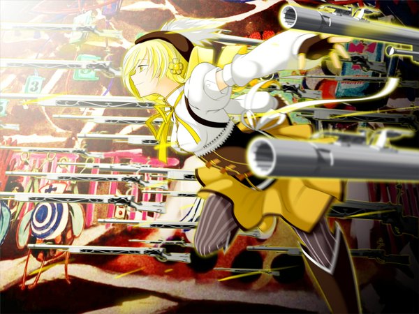 Anime picture 1500x1125 with mahou shoujo madoka magica shaft (studio) tomoe mami long hair blonde hair smile yellow eyes looking away hair flower drill hair striped girl gloves hair ornament flower (flowers) weapon hat detached sleeves boots gun