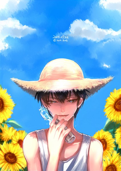 Anime picture 700x990 with original morino bambi single tall image fringe short hair blue eyes black hair hair between eyes signed sky cloud (clouds) upper body twitter username dated summer boy flower (flowers) hat bottle