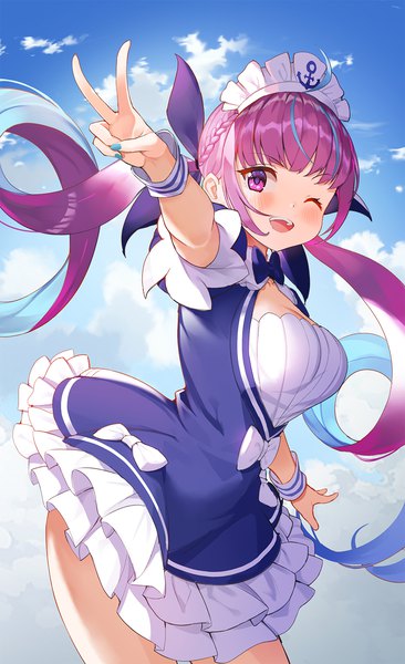 Anime picture 1000x1638 with virtual youtuber hololive minato aqua minato aqua (1st costume) ohihil single long hair tall image looking at viewer blush open mouth purple eyes twintails sky purple hair cloud (clouds) outdoors nail polish one eye closed multicolored hair