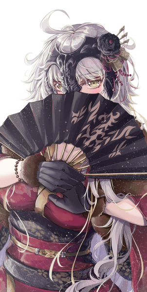 Anime picture 600x1191 with fate (series) fate/grand order jeanne d'arc (fate) (all) jeanne d'arc alter (fate) ru 251 single long hair tall image looking at viewer blush fringe simple background white background holding yellow eyes silver hair ahoge traditional clothes japanese clothes hair flower