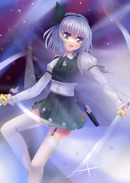 Anime picture 2480x3480 with touhou konpaku youmu sonikey0 0 single tall image highres short hair open mouth blue eyes silver hair girl thighhighs skirt weapon miniskirt petals white thighhighs sword hairband katana