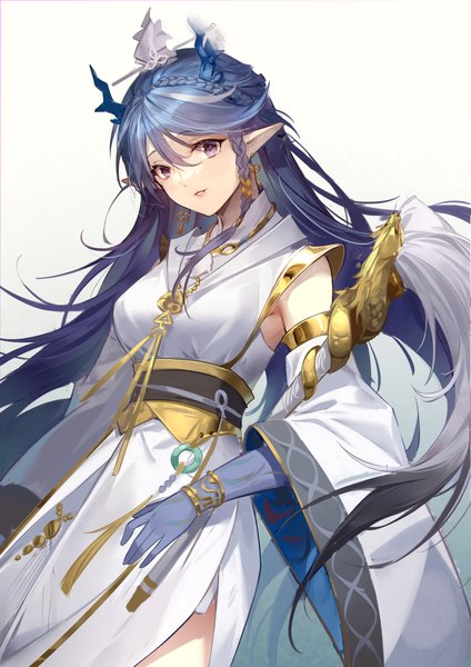 Anime picture 2480x3508 with arknights ling (arknights) ling (it does wash the strings) (arknights) woodylixx single long hair tall image looking at viewer fringe highres simple background hair between eyes purple eyes blue hair horn (horns) pointy ears gradient background official alternate costume girl detached sleeves