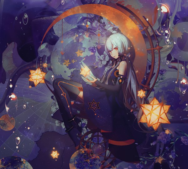 Anime picture 1000x900 with vocaloid xingchen ask (askzy) crystillia single tall image looking at viewer simple background sitting bare shoulders signed yellow eyes silver hair full body bent knee (knees) very long hair long sleeves light smile watermark black background