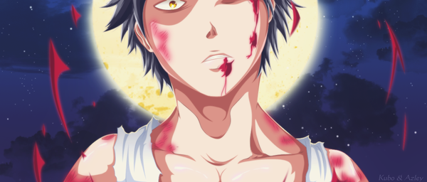 Anime picture 1171x500 with bleach studio pierrot zaraki kenpachi azley single short hair black hair wide image yellow eyes cloud (clouds) night sky coloring torn clothes close-up boy blood star (stars) full moon