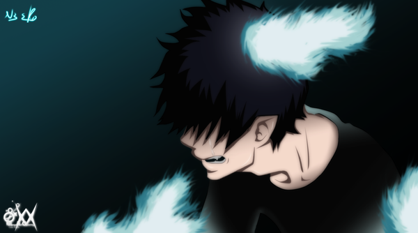 Anime picture 2245x1250 with ao no exorcist a-1 pictures okumura rin n3eko123 single highres short hair black hair simple background wide image pointy ears tears grin coloring magic hair over eyes boy