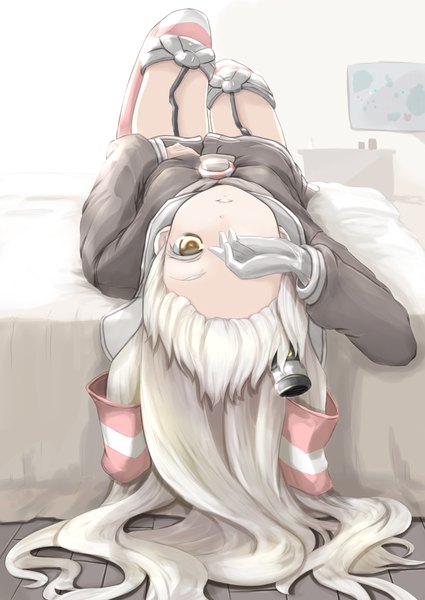 Anime picture 878x1239 with kantai collection amatsukaze destroyer r0g0b0 single long hair tall image looking at viewer yellow eyes silver hair lying on back two side up girl thighhighs gloves uniform school uniform hat serafuku bed
