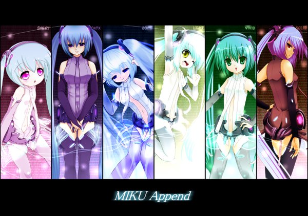 Anime picture 2480x1748 with vocaloid vocaloid append hatsune miku hatsune miku (append) highres purple eyes twintails multiple girls yellow eyes purple hair white hair green hair 6+ girls 6 girls girl