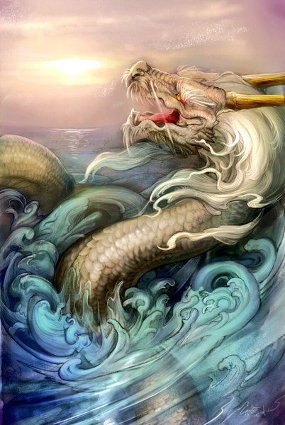 Anime picture 686x1024 with original itotani sairen tall image open mouth yellow eyes sky cloud (clouds) horn (horns) no people fantasy water sea dragon wave (waves)