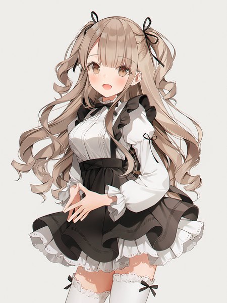 Anime picture 1200x1600 with original weri single long hair tall image looking at viewer blush open mouth simple background brown hair standing brown eyes :d grey background two side up drill hair fingers together girl thighhighs skirt