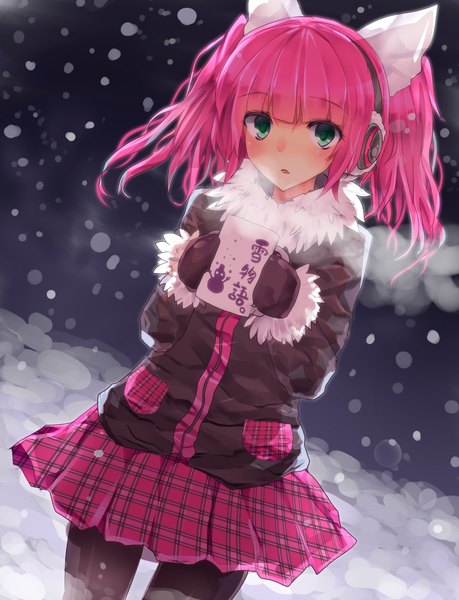 Anime picture 1639x2144 with umi monogatari zexcs urin (umi monogatari) e-co single tall image looking at viewer blush fringe short hair twintails green eyes pink hair plaid skirt short twintails snowing winter snow girl skirt