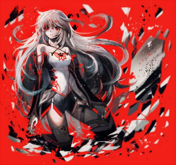 Anime picture 1000x935 with tales of (series) tales of xillia milla maxwell aoki (fumomo) single long hair breasts red eyes grey hair kneeling monochrome red background broken girl detached sleeves