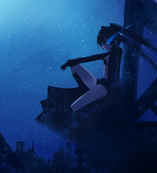 Anime picture 1000x1100 with black rock shooter black rock shooter (character) single long hair tall image looking at viewer fringe black hair sitting twintails sky night glowing glowing eye (eyes) girl gloves shorts boots star (stars) thigh boots
