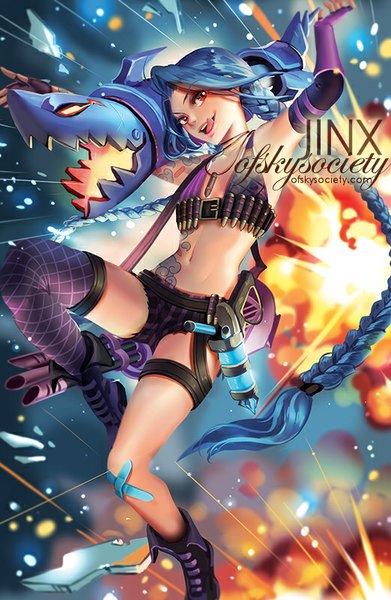 Anime picture 522x800 with league of legends jinx (league of legends) ofskysociety single long hair tall image breasts light erotic smile red eyes blue hair bare belly midriff tattoo flat chest girl thighhighs navel weapon shorts