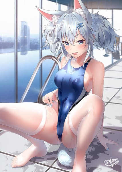Anime picture 908x1280 with girls frontline pa-15 (girls frontline) shirosaba single tall image looking at viewer blush fringe short hair breasts open mouth blue eyes light erotic smile hair between eyes twintails signed animal ears silver hair full body