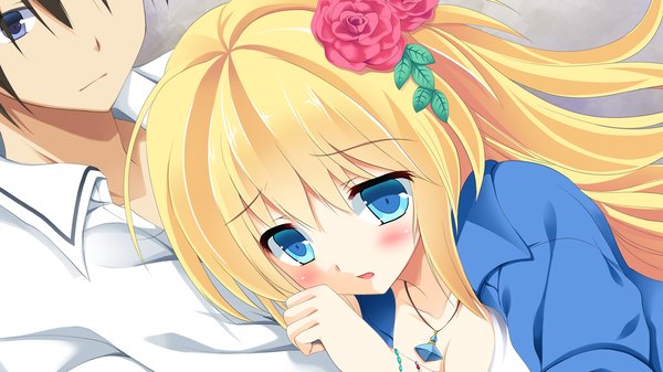 Anime picture 1280x720 with sakura synchronicity mikuruma asagi korisu long hair blush fringe breasts open mouth blue eyes black hair blonde hair wide image purple eyes game cg hair flower couple girl boy hair ornament flower (flowers)