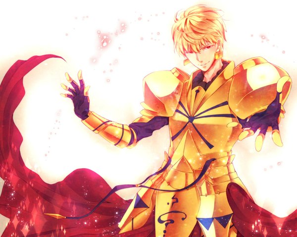 Anime picture 1500x1200 with fate (series) fate/stay night fate/zero studio deen type-moon gilgamesh (fate) tagme (artist) single short hair blonde hair smile red eyes spread arms boy gloves ribbon (ribbons) earrings armor fingerless gloves