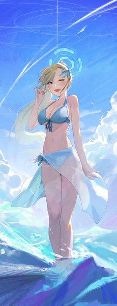 Anime-Bild 1500x3911 mit blue archive asuna (blue archive) kji (rozo) single long hair tall image looking at viewer blush fringe breasts open mouth blue eyes light erotic blonde hair smile large breasts standing sky cleavage cloud (clouds)