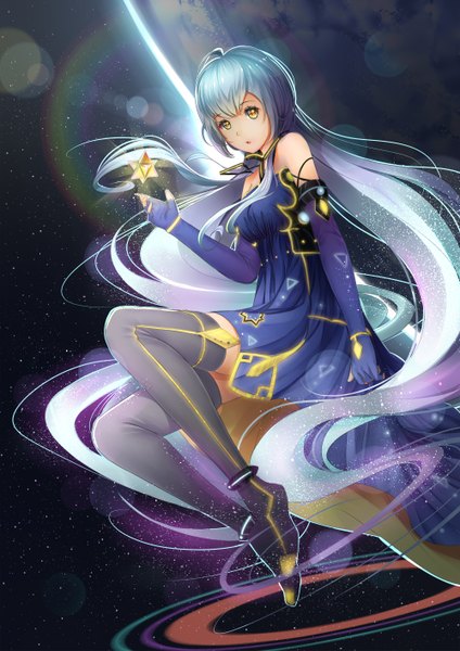 Anime picture 1000x1414 with vocaloid xingchen kr (sapphire) single tall image looking at viewer fringe open mouth bare shoulders yellow eyes blue hair pink hair purple hair ahoge bent knee (knees) very long hair multicolored hair arm up sleeveless lens flare