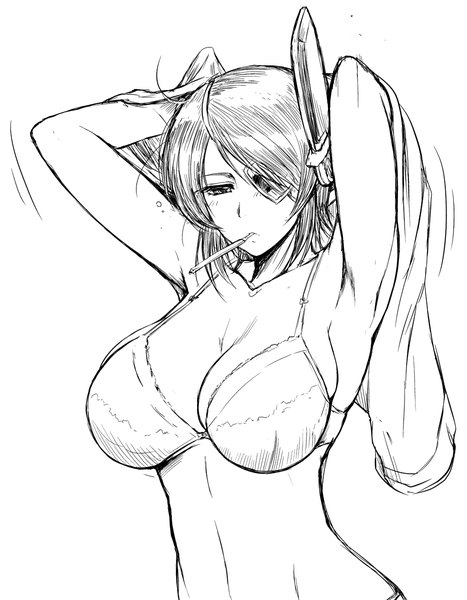 Anime picture 934x1200 with kantai collection tenryuu light cruiser kanno takanori single tall image fringe short hair breasts light erotic large breasts holding armpit (armpits) mouth hold looking down monochrome undressing girl lingerie headdress bra
