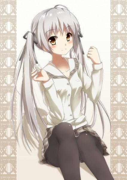 Anime picture 1133x1600 with yosuga no sora kasugano sora icyfox single long hair tall image looking at viewer blush simple background smile sitting yellow eyes payot silver hair ahoge pleated skirt arms up skirt ribbon (ribbons) hair ribbon