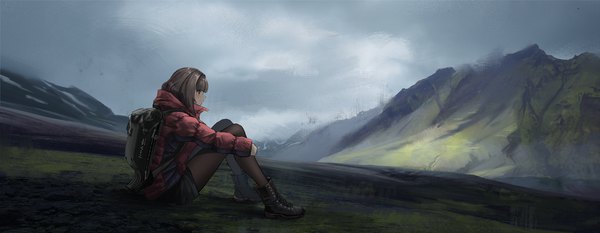 Anime picture 3000x1164 with original sthk single fringe highres short hair red eyes brown hair wide image sitting looking away sky full body outdoors long sleeves profile landscape lace-up boots girl pantyhose
