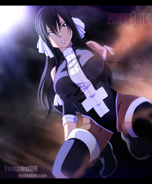 Anime picture 1000x1213 with fairy tail ultear milkovich tempestdh single long hair tall image light erotic black hair pink eyes inscription coloring light girl thighhighs bow hair bow