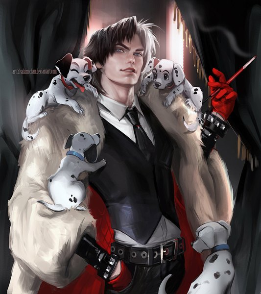 Anime picture 900x1013 with 101 dalmatians cruella de vil sakimichan long hair tall image looking at viewer open mouth blue eyes black hair silver hair multicolored hair realistic smoke hand in pocket genderswap boy gloves animal shirt necktie