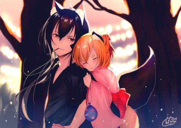 Anime picture 2000x1417 with original chita (ketchup) long hair looking at viewer blush fringe highres short hair open mouth black hair hair between eyes red eyes signed animal ears eyes closed traditional clothes japanese clothes orange hair fox ears fox girl