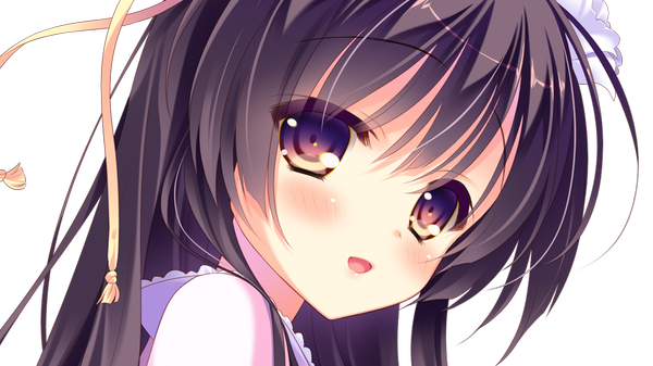 Anime picture 1024x576 with love love life skyfish (studio) kuroba kasumi wori single long hair looking at viewer blush open mouth black hair smile wide image brown eyes game cg looking back turning head portrait transparent background girl ribbon (ribbons)
