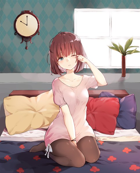 Anime picture 1368x1696 with original manatsuki manata single tall image looking at viewer blush fringe short hair breasts hair between eyes brown hair sitting bare shoulders full body indoors head tilt one eye closed arm up no bra short sleeves