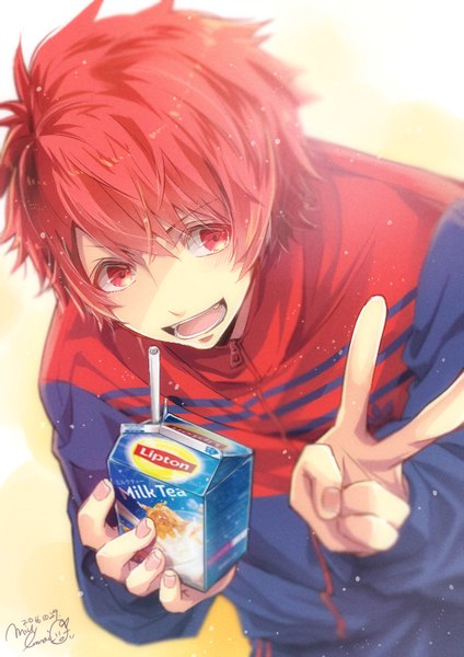 Anime picture 600x848 with uta no prince-sama a-1 pictures lipton ittoki otoya nagisa-a single tall image short hair open mouth red eyes looking away red hair fingernails from above dated victory shaded face boy jacket drinking straw