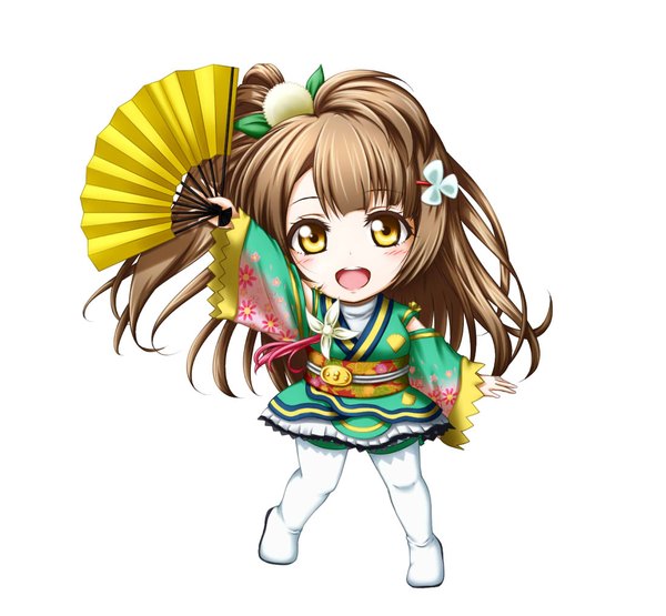 Anime picture 1097x1016 with love live! school idol project sunrise (studio) love live! minami kotori kuena single long hair looking at viewer blush open mouth simple background brown hair white background yellow eyes chibi girl dress fan