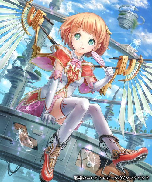 Anime picture 1200x1440 with naka (pixiv2133455) single tall image short hair sitting holding green eyes sky cloud (clouds) orange hair hieroglyph mechanical wings girl thighhighs gloves hair ornament wings elbow gloves food sweets
