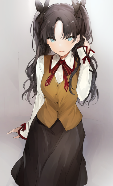 Anime picture 886x1447 with fate (series) fate/stay night toosaka rin lpip single long hair tall image blue eyes black hair simple background grey background arm support two side up adjusting hair girl skirt uniform bow hair bow school uniform