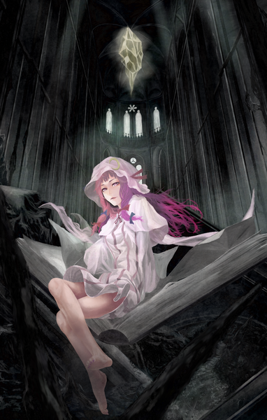 Anime picture 1273x2000 with touhou patchouli knowledge akaikitsune single long hair tall image sitting pink hair braid (braids) pink eyes barefoot lips bare legs twin braids crossed legs girl bow hair bow hat