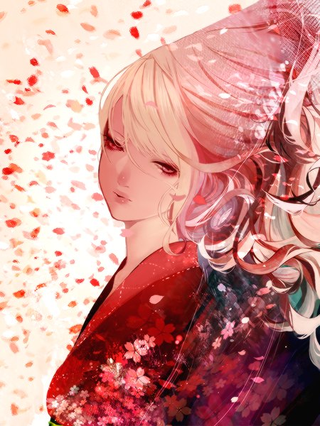 Anime picture 900x1200 with original hebi (yurari) single long hair tall image fringe looking away pink hair traditional clothes japanese clothes pink eyes lips girl flower (flowers) petals yukata