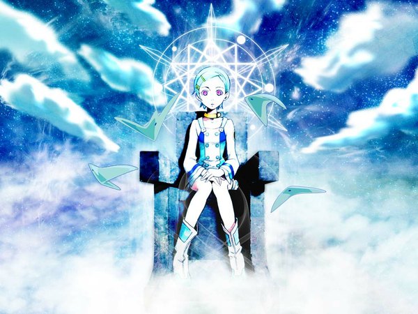 Anime picture 1024x768 with eureka seven studio bones eureka skyfish (eureka seven) short hair purple eyes aqua hair wallpaper girl hair ornament hairclip thigh boots armchair