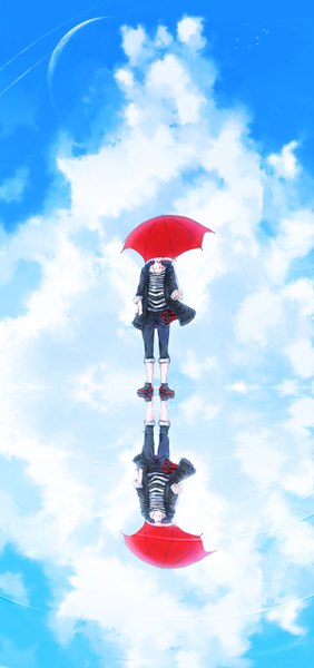 Anime picture 720x1530 with original zearyu single tall image smile standing cloud (clouds) open clothes open jacket reflection striped hand in pocket shoes jacket umbrella t-shirt sneakers jeans planet