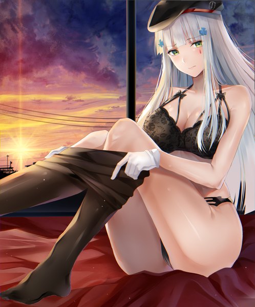 Anime picture 1200x1444 with girls frontline hk416 (girls frontline) nicky w single long hair tall image looking at viewer blush fringe breasts light erotic sitting bare shoulders green eyes sky cleavage silver hair cloud (clouds) ass indoors