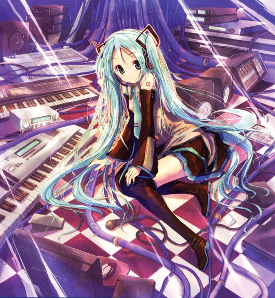 Anime picture 2174x2354 with vocaloid hatsune miku ozaki hiroki single long hair tall image looking at viewer highres blue eyes sitting twintails bare shoulders nail polish aqua hair checkered floor girl thighhighs detached sleeves headphones microphone