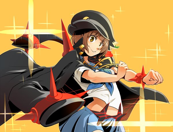 Anime picture 1700x1300 with kill la kill studio trigger mankanshoku mako kamihitoe single looking at viewer short hair simple background smile brown hair brown eyes sparkle outstretched arm yellow background girl skirt uniform school uniform necktie coat