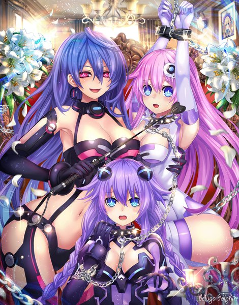 Anime picture 1280x1633 with choujigen game neptune kami jigen game neptune v purple heart nepgear iris heart pururut purple sister histoire beluga dolphin tall image looking at viewer fringe breasts open mouth blue eyes light erotic smile hair between eyes red eyes large breasts