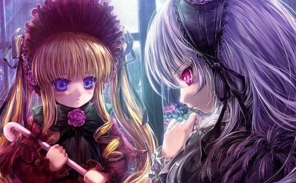 Anime picture 1420x878 with rozen maiden suigintou shinku misaki (kyal 001) long hair blush blue eyes blonde hair red eyes wide image twintails multiple girls silver hair loli drill hair lolita fashion girl dress bow 2 girls