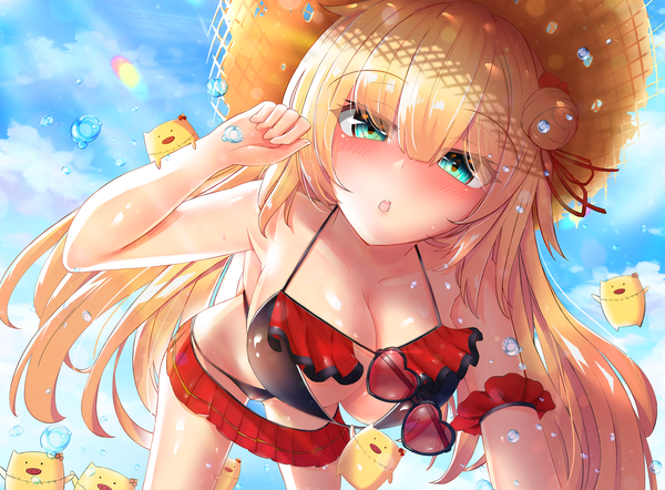 Anime-Bild 1900x1400 mit virtual youtuber hololive akai haato haaton (akai haato) akai haato (3rd costume) has (ranhasu) single long hair looking at viewer blush fringe highres breasts open mouth light erotic blonde hair hair between eyes large breasts payot sky