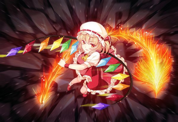 Anime picture 1000x685 with touhou flandre scarlet philomelalilium single looking at viewer short hair open mouth blonde hair red eyes girl dress weapon wings bonnet fire crystal laevatein (touhou)