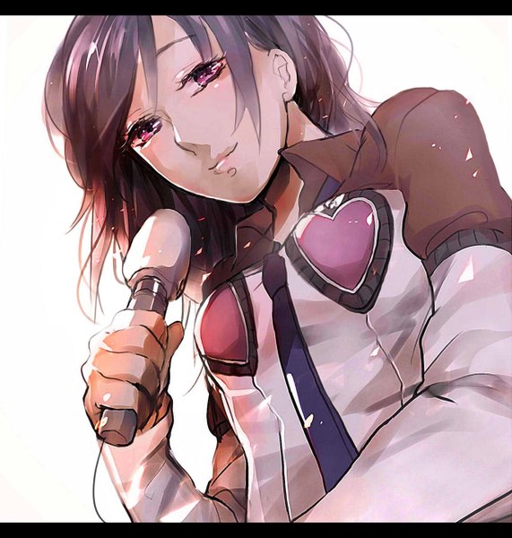 Anime picture 1250x1314 with persona persona 2 amano maya ayatoki-1 single tall image looking at viewer short hair black hair simple background white background pink eyes light smile girl gloves necktie heart microphone